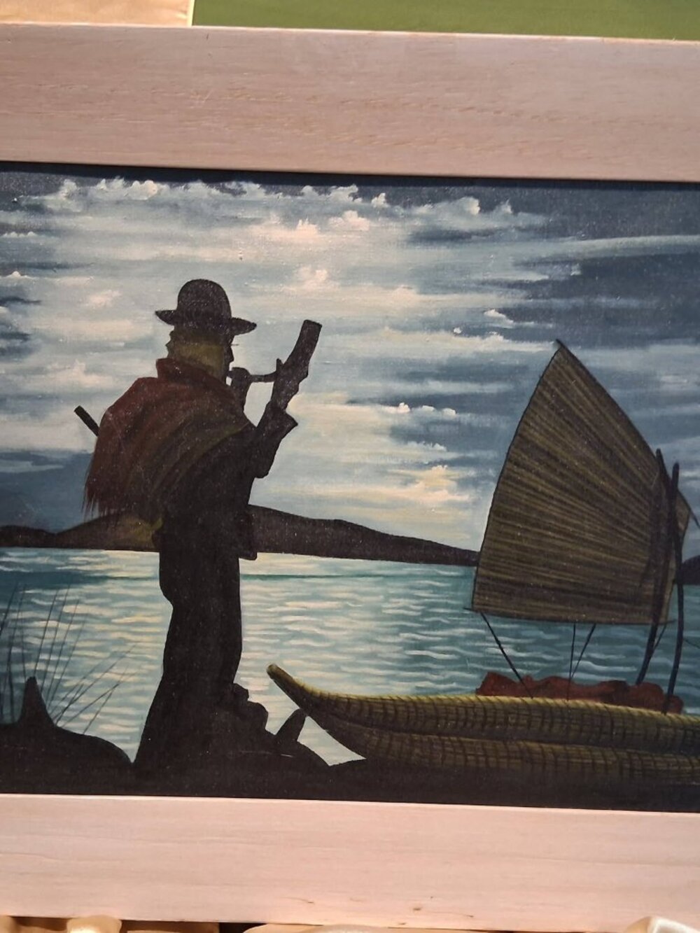 Vintage South American Folk Art Painting | Traditional Lake Titicaca Reed Boat S